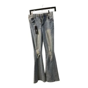 Fashion Nova Blue Flare Jeans with Distressed Details